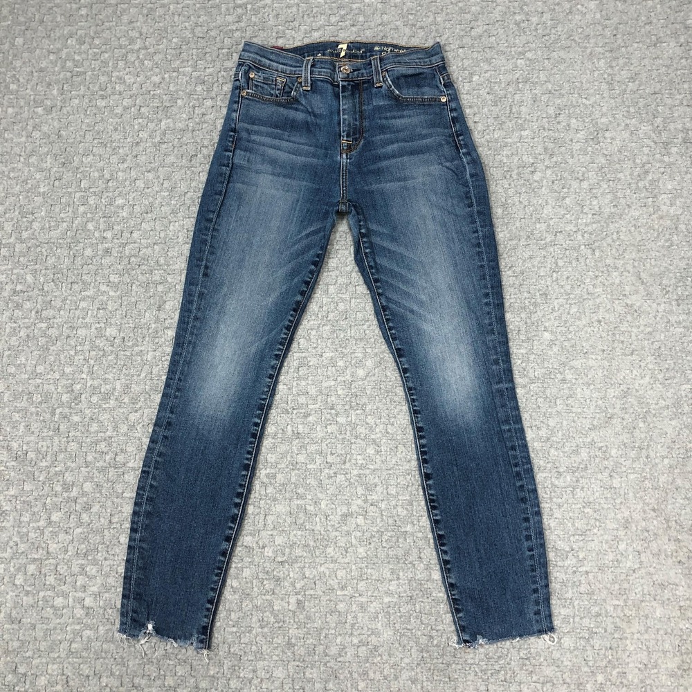 7 For All Mankind High Waist Ankle Skinny Jeans Womens 25 Blue Stretch Raw Hem